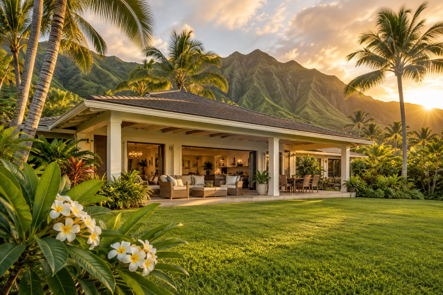 A plantation style Hawaii home with tropical landscaping, illustrative