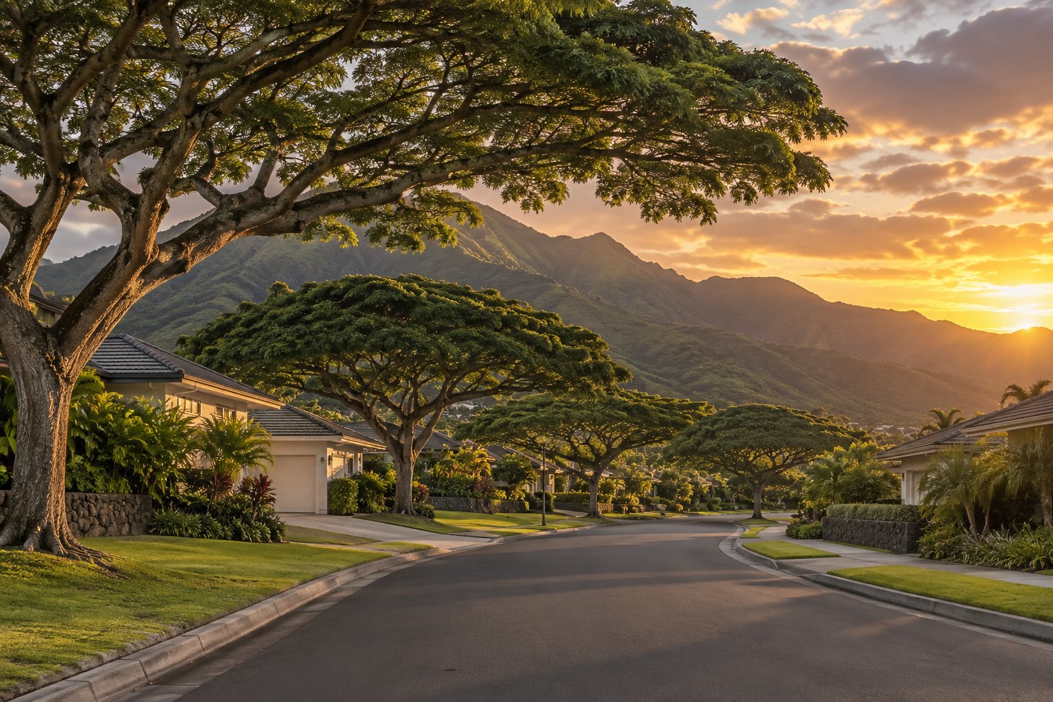 A residential Oahu street with tropical trees, illustrative